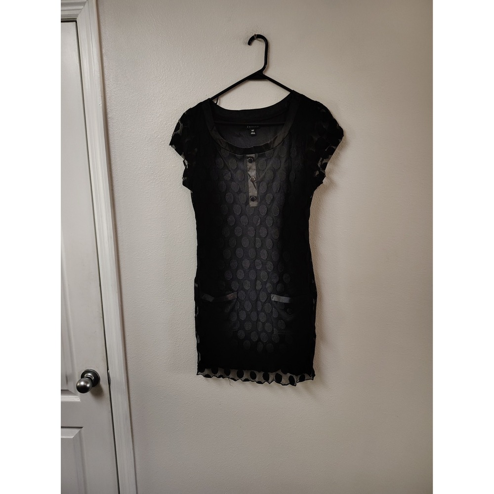 En Focus Petite Black Polka Dot Mesh Shift Dress Womens 14P Short Sleeve‎